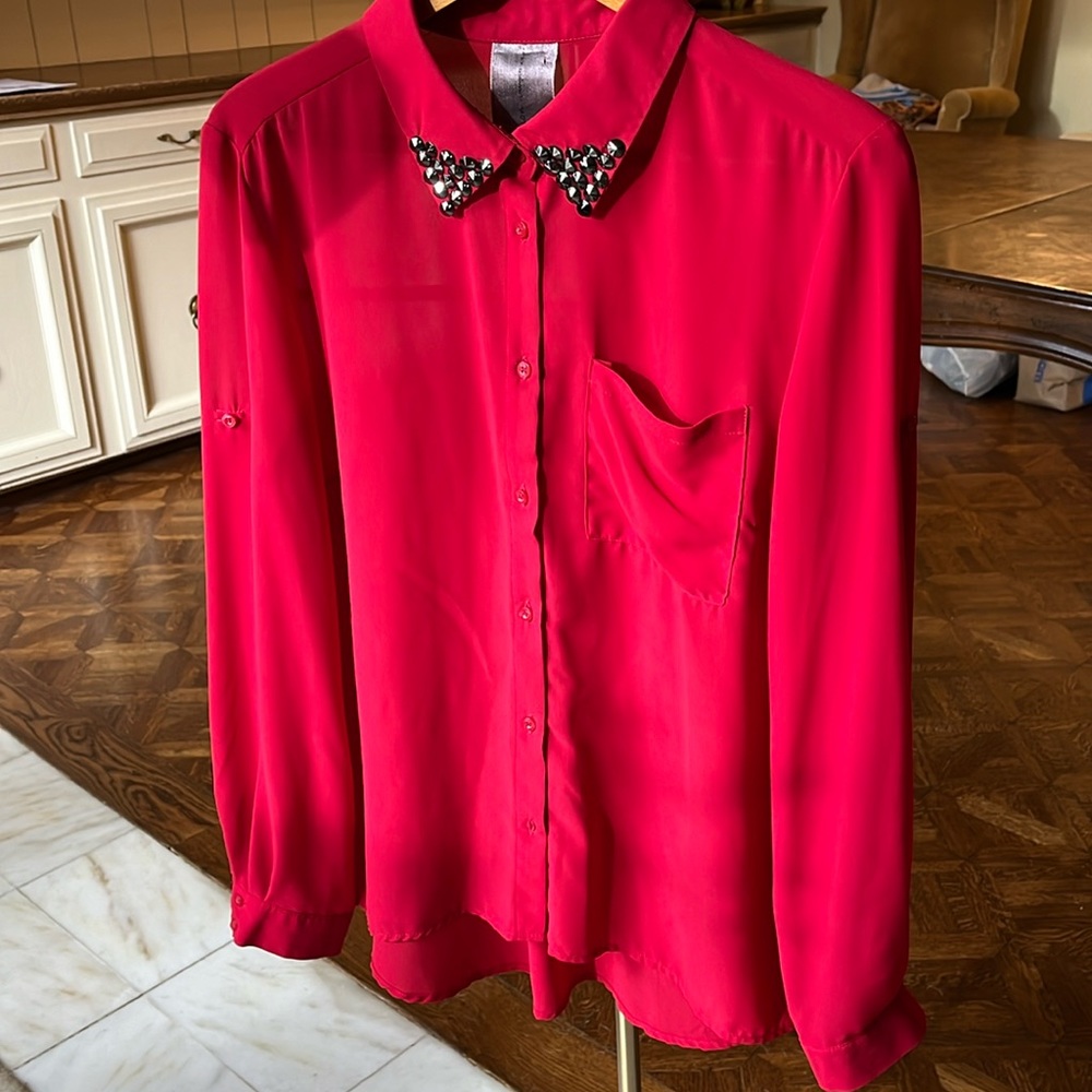 Sheer Red Blouse with Beaded Collar Sz XL